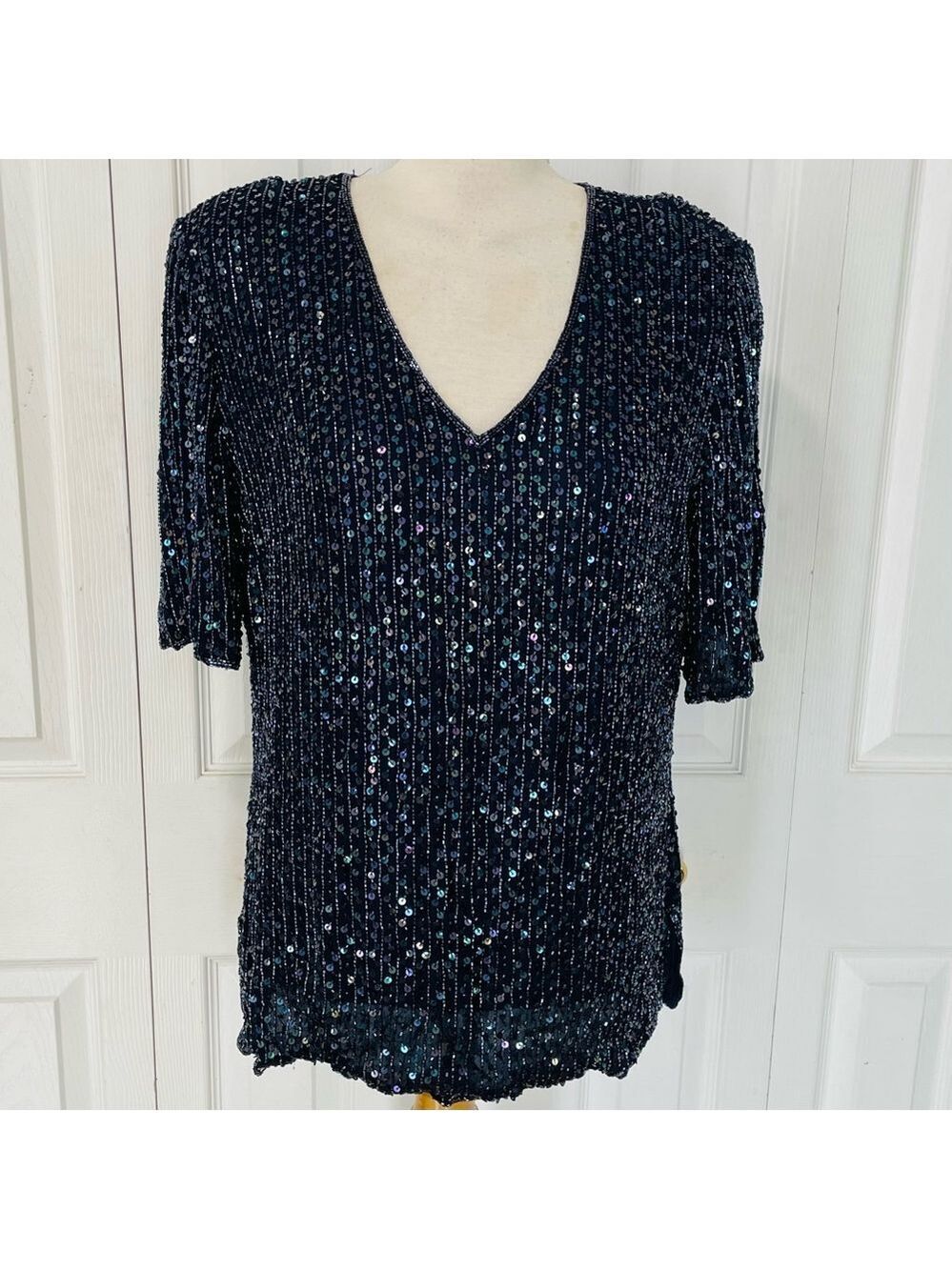 Vintage Frank Usher Beaded Short Sleeve 100% Silk Blouse